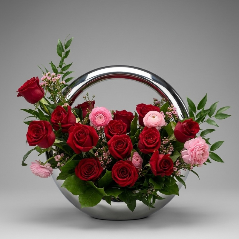 Red roses and pink ranunculus arranged inside a contemporary circular chrome vase.