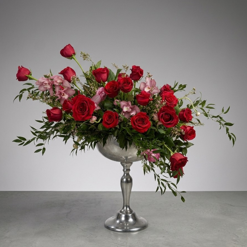 Red rose and pink orchid floral arrangement in an elegant silver pedestal vase.